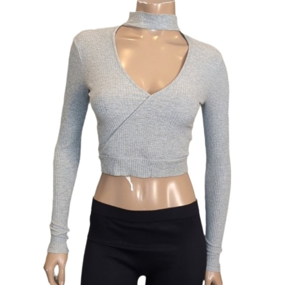 NA-KD Ribbed Choker Crop Top Womens Size Small Grey Long Sleeve Wrap Keyhole